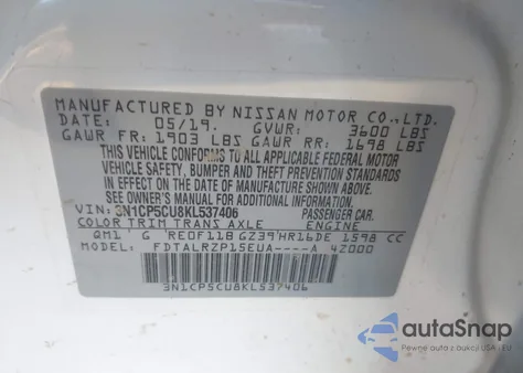 2019 Nissan Kicks S z USA, uszkodzony, nr VIN 3N1CP5CU8KL537406